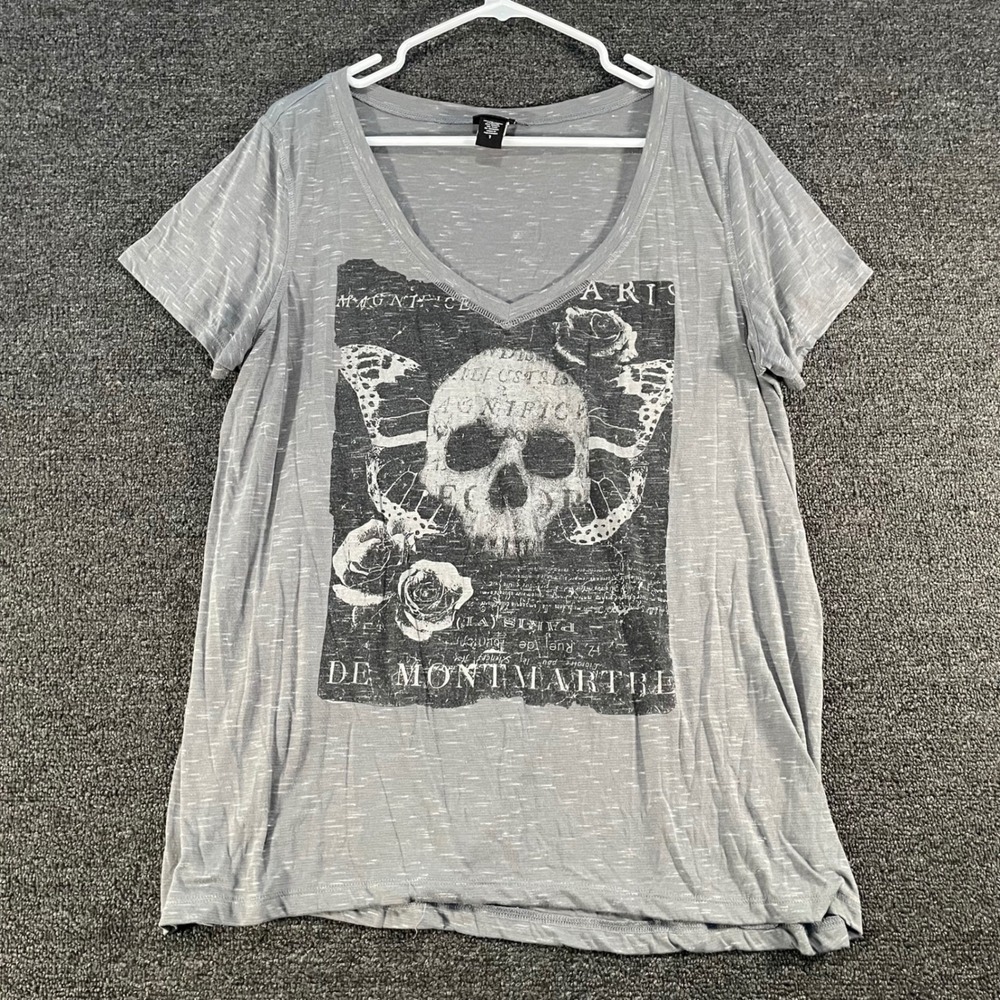 Torrid Graphic Tee Womens 1 Gray Good Skull Butterfly Slub V-Neck Paris Top